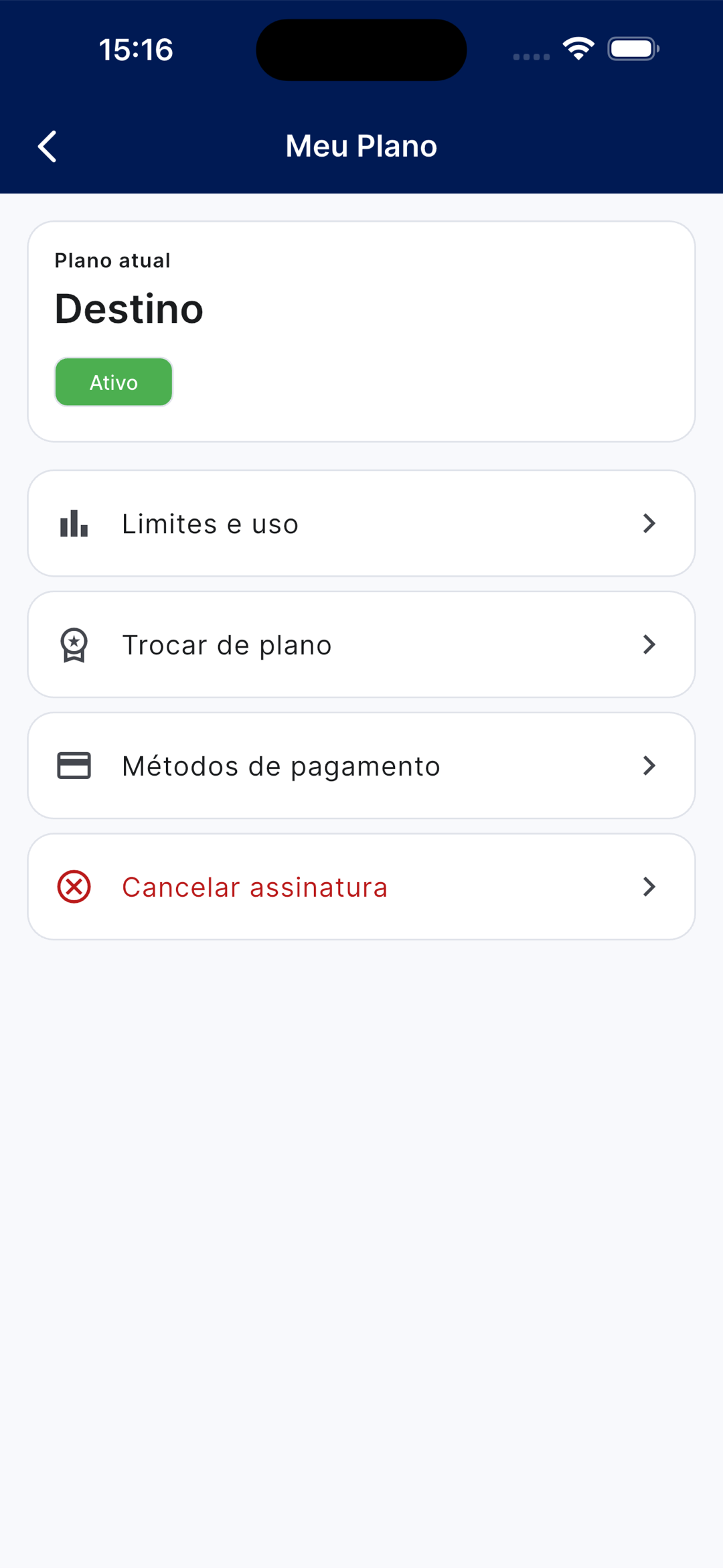 Tela Meu Plano com o plano atual Destino marcado como Ativo e as opções Limites e uso, Trocar de plano, Métodos de pagamento e Cancelar assinatura