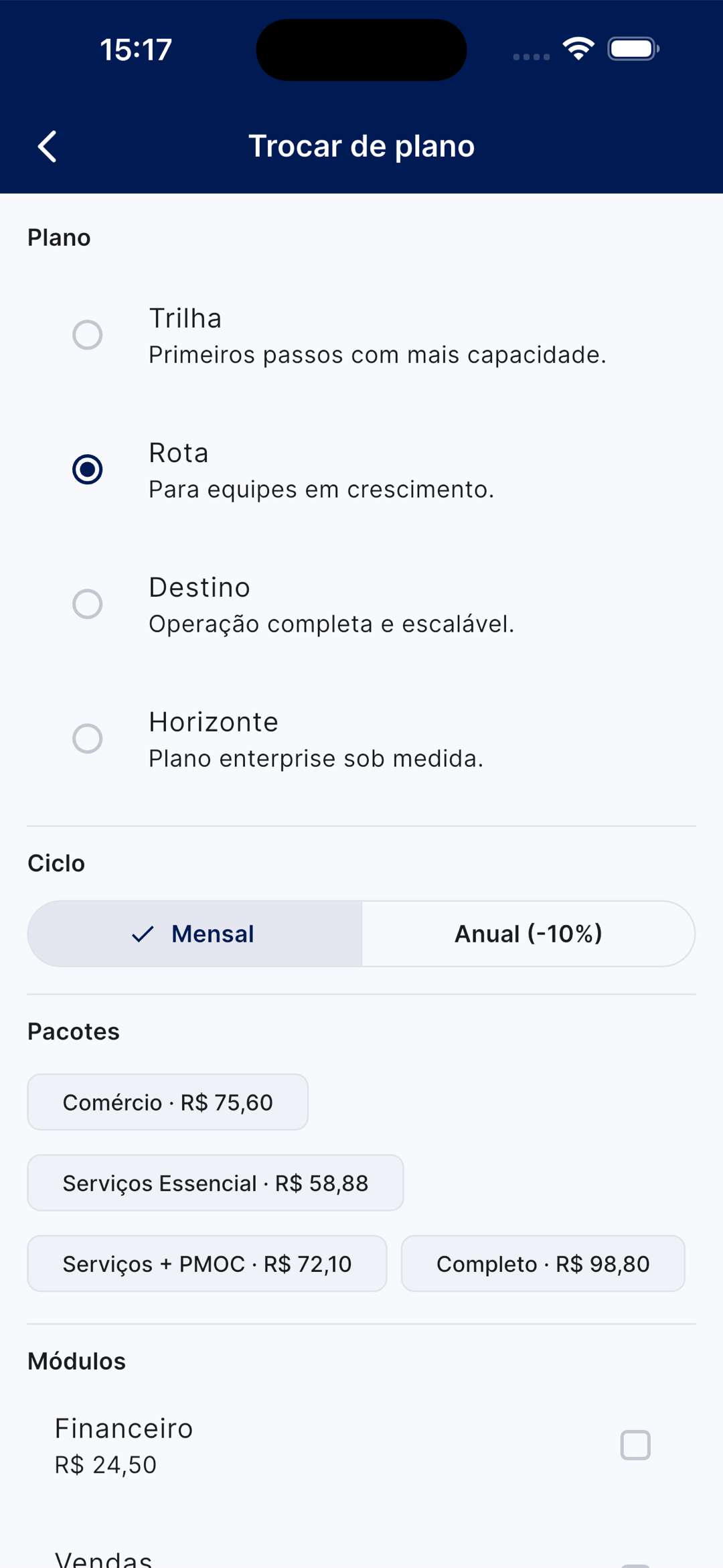 Tela Trocar de plano com os planos Trilha, Rota, Destino e Horizonte, ciclo mensal ou anual, pacotes e módulos com preços