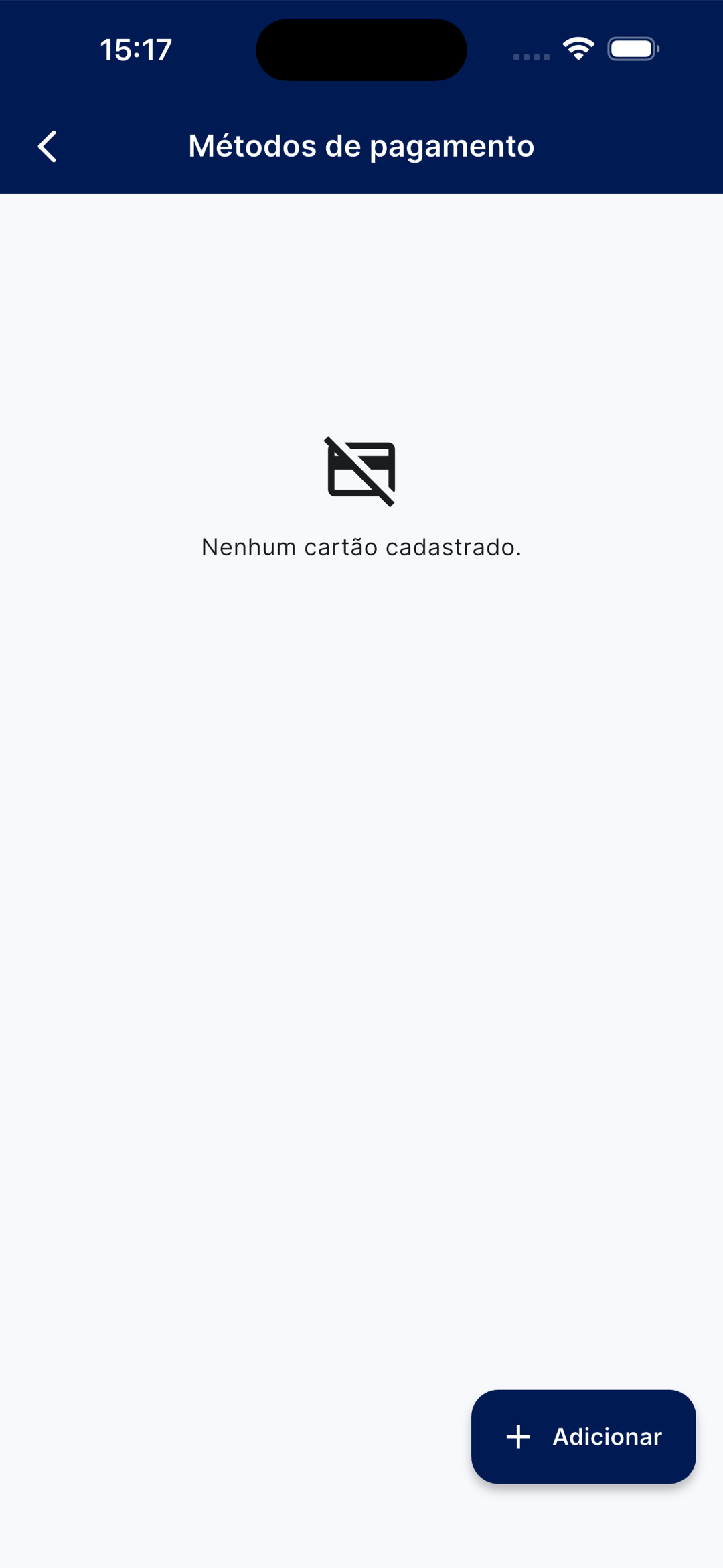 Tela Métodos de pagamento vazia, com a mensagem 'Nenhum cartão cadastrado' e o botão Adicionar