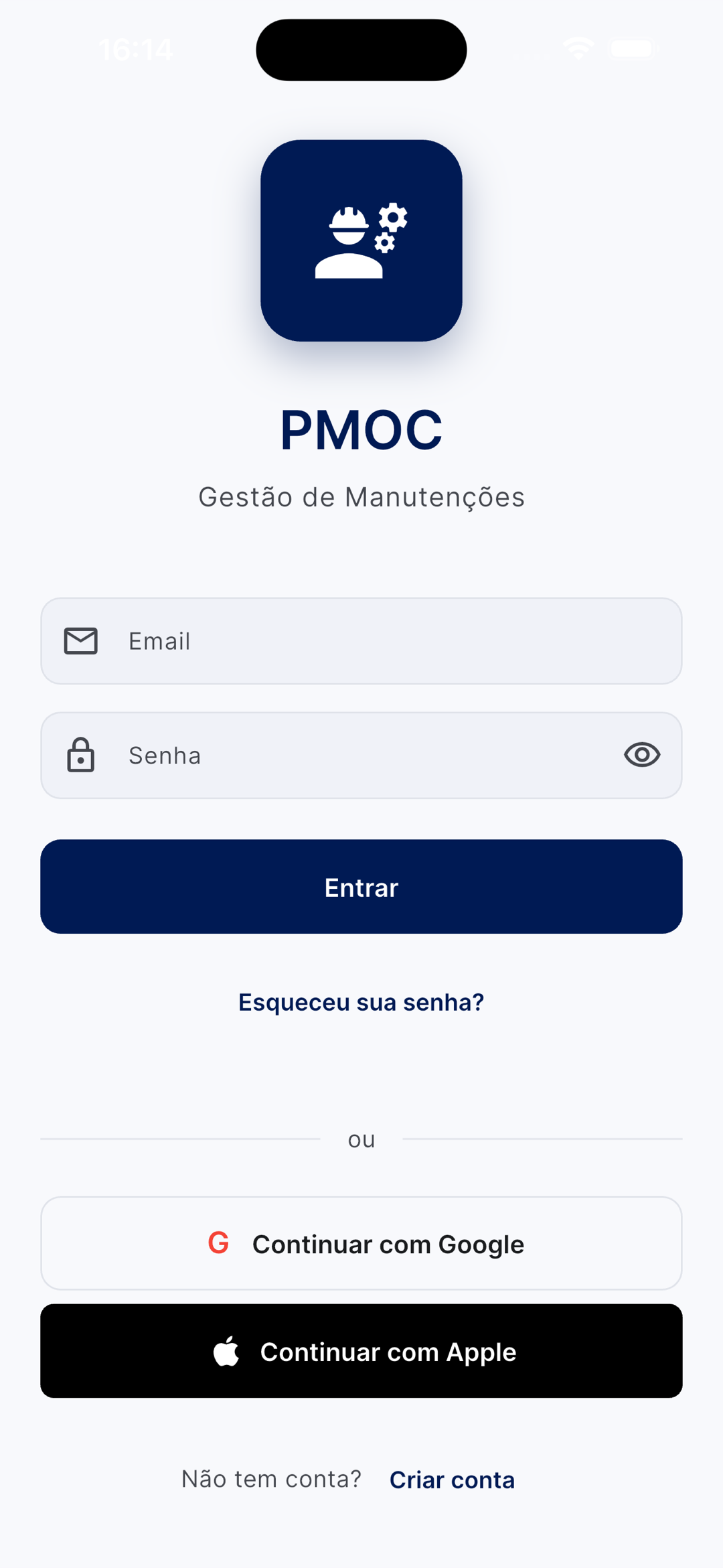 Tela de login do app PMOC com campos de e-mail e senha, botão Entrar, link Esqueceu sua senha, e opções Continuar com Google e Continuar com Apple