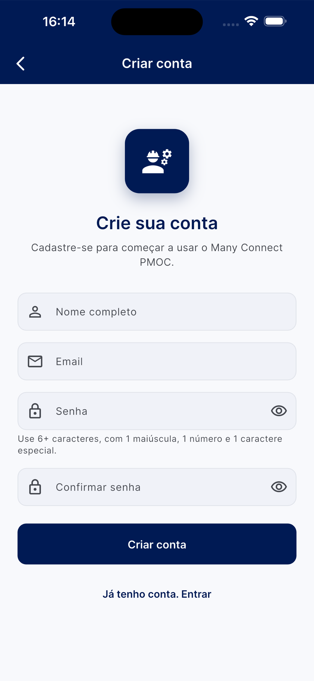 Tela Criar conta com campos de nome completo, e-mail, senha e confirmação, e a regra de senha (6+ caracteres, 1 maiúscula, 1 número, 1 caractere especial)