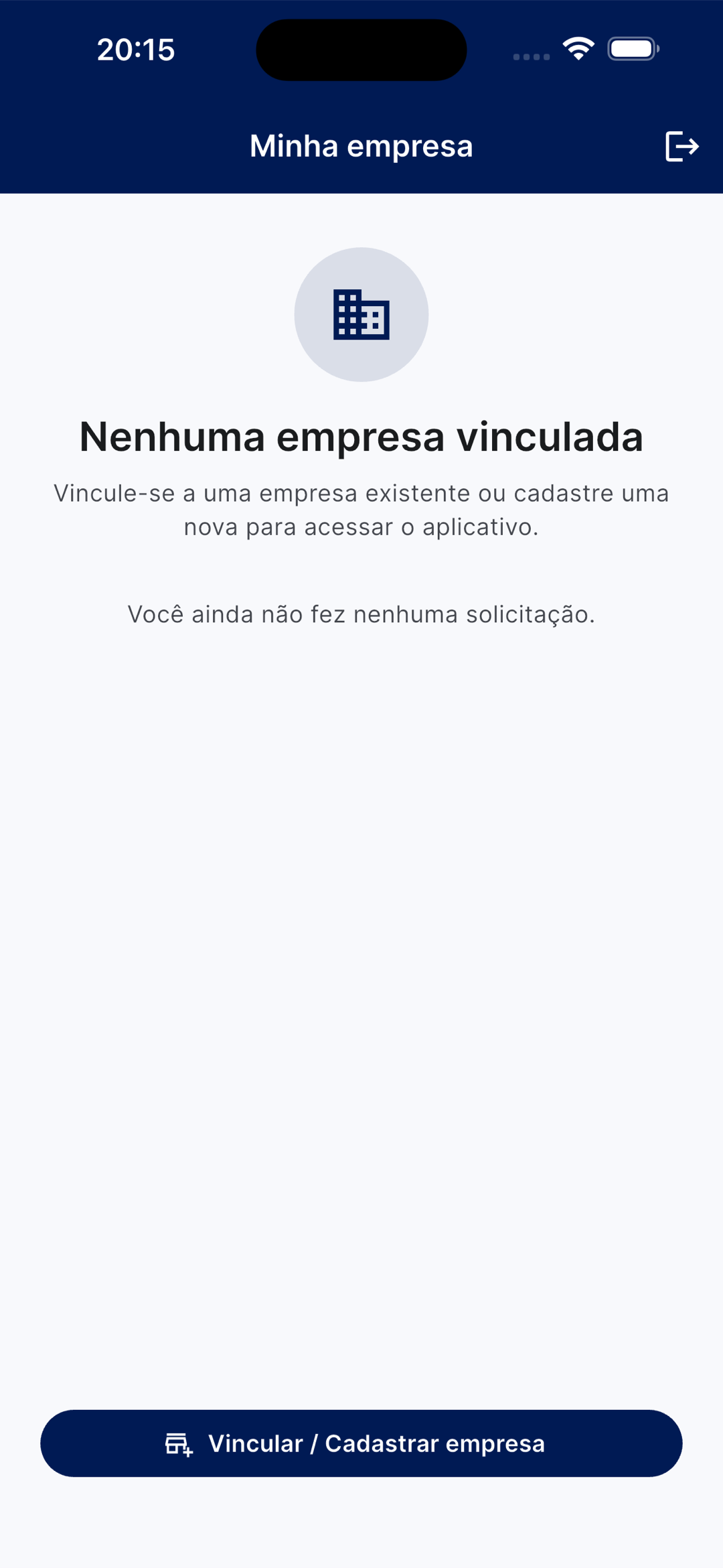 Tela 'Nenhuma empresa vinculada' com a mensagem para vincular-se a uma empresa existente ou cadastrar uma nova, e o botão Vincular / Cadastrar empresa