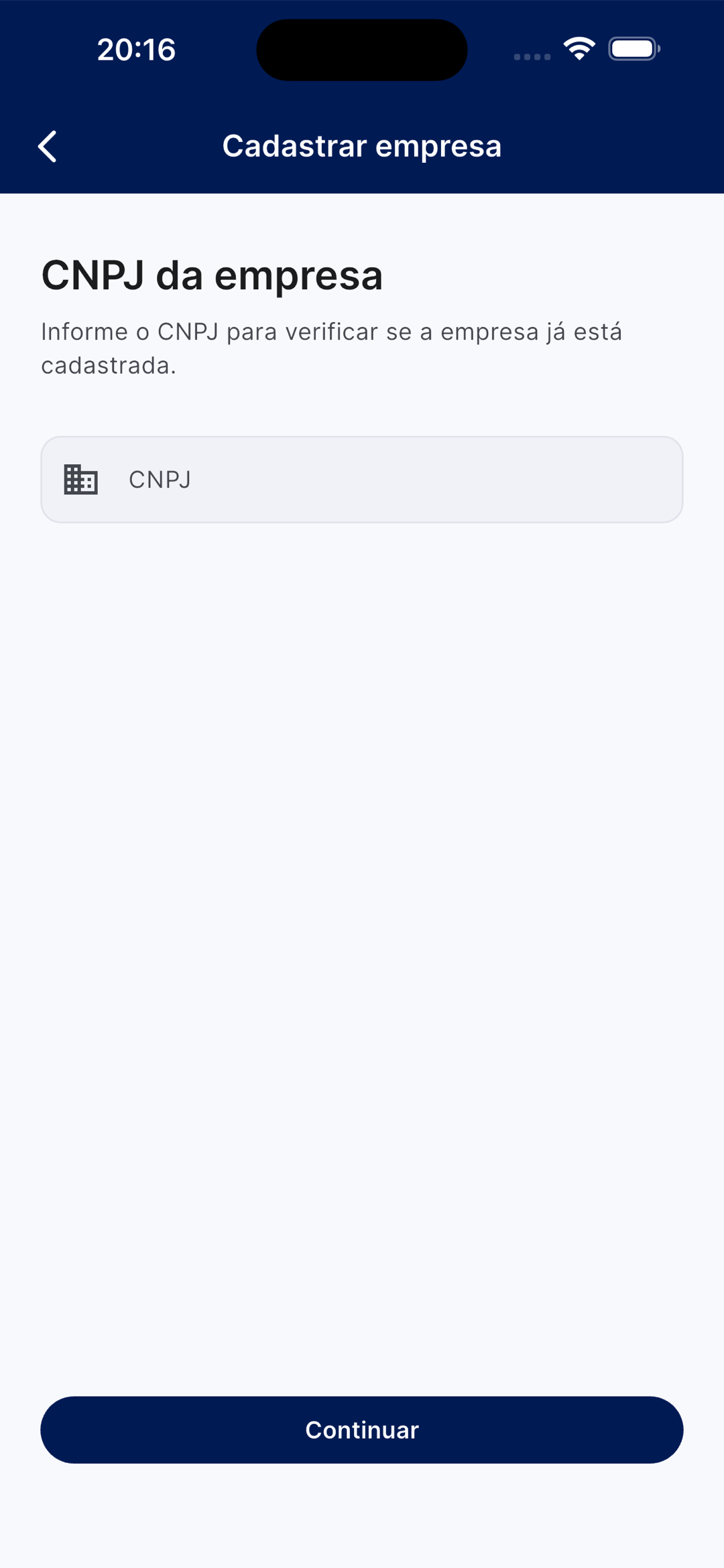 Tela CNPJ da empresa, com um campo para informar o CNPJ e o botão Continuar, para verificar se a empresa já está cadastrada