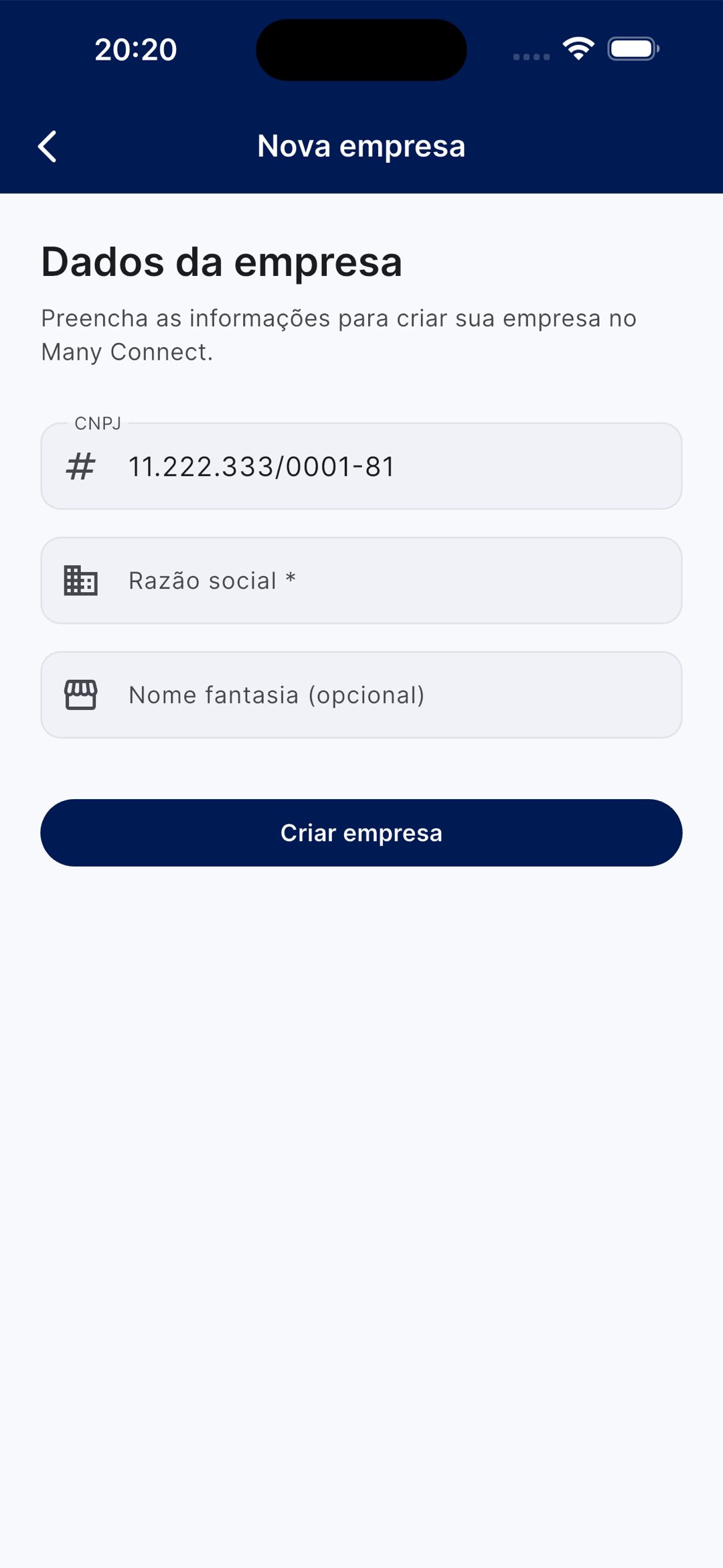 Tela Nova empresa / Dados da empresa, com o CNPJ preenchido e campos de Razão social e Nome fantasia, e o botão Criar empresa