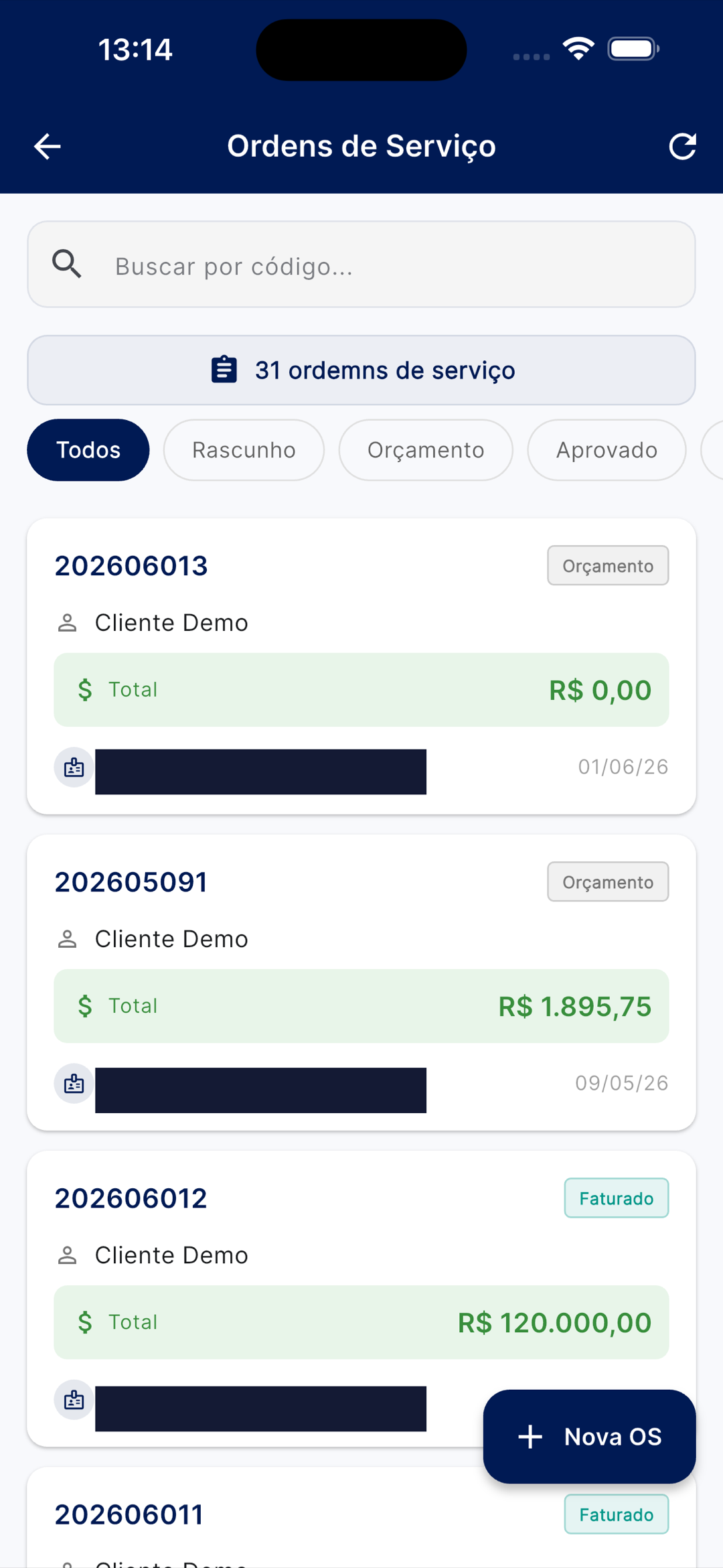 Lista de ordens de serviço com busca, contador total, filtros por status (Rascunho/Orçamento/Aprovado) e cards com código, cliente, status e valor total