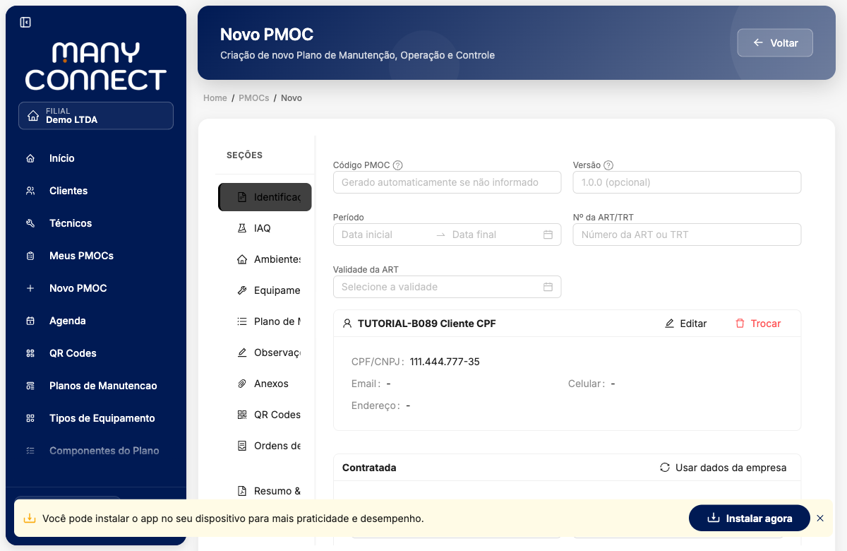 Formulário de identificação do PMOC com o cliente TUTORIAL-B089 Cliente CPF selecionado, exibindo CPF/CNPJ: 111.444.777-35 no card de resumo