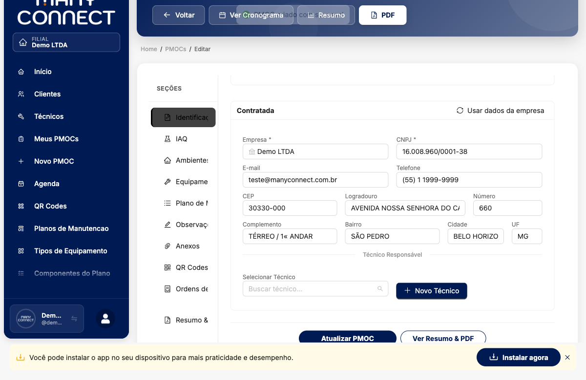PMOC salvo com sucesso para o cliente pessoa física, tela de edição mostrando o código PMOC gerado e os dados de identificação preenchidos