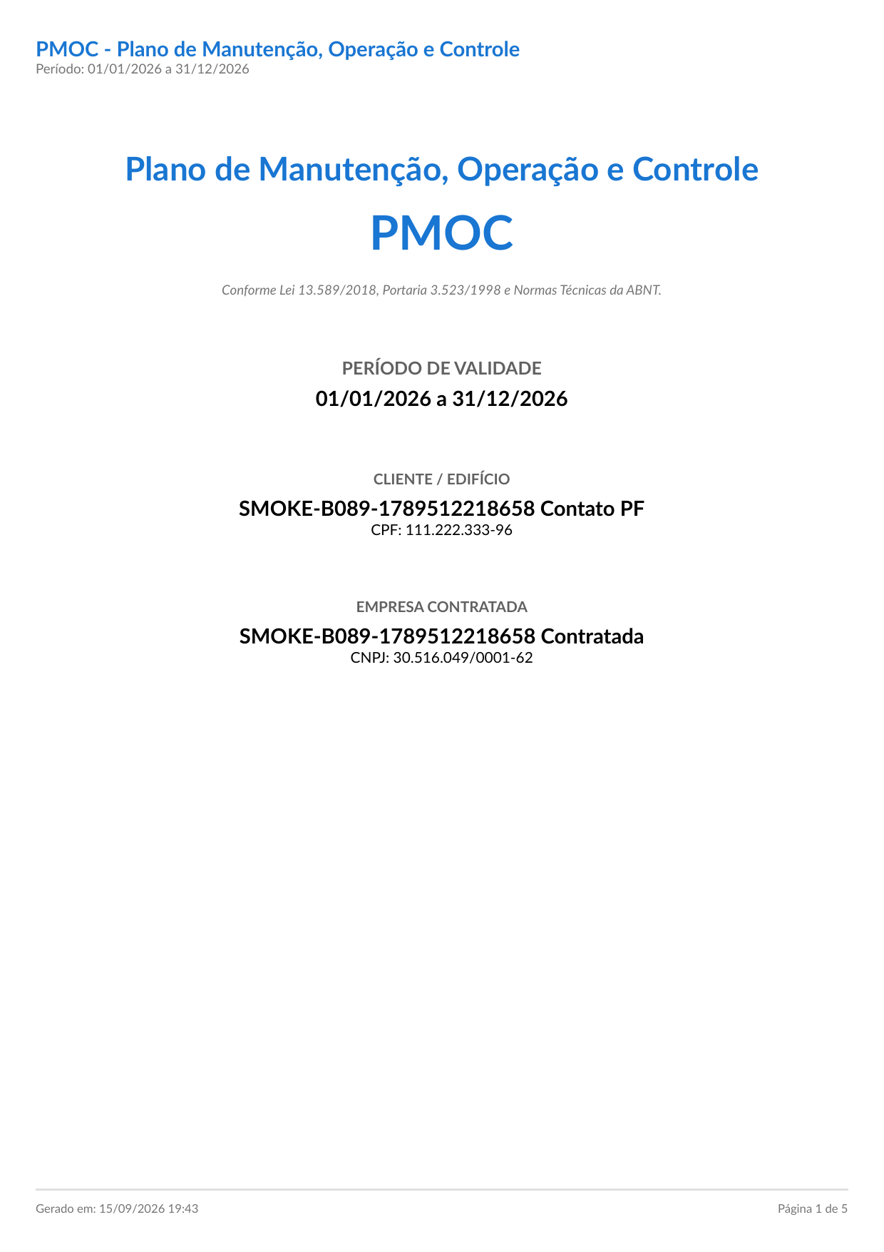 Capa do PDF do PMOC com o bloco CLIENTE / EDIFÍCIO mostrando o nome do cliente e o rótulo CPF seguido do número formatado