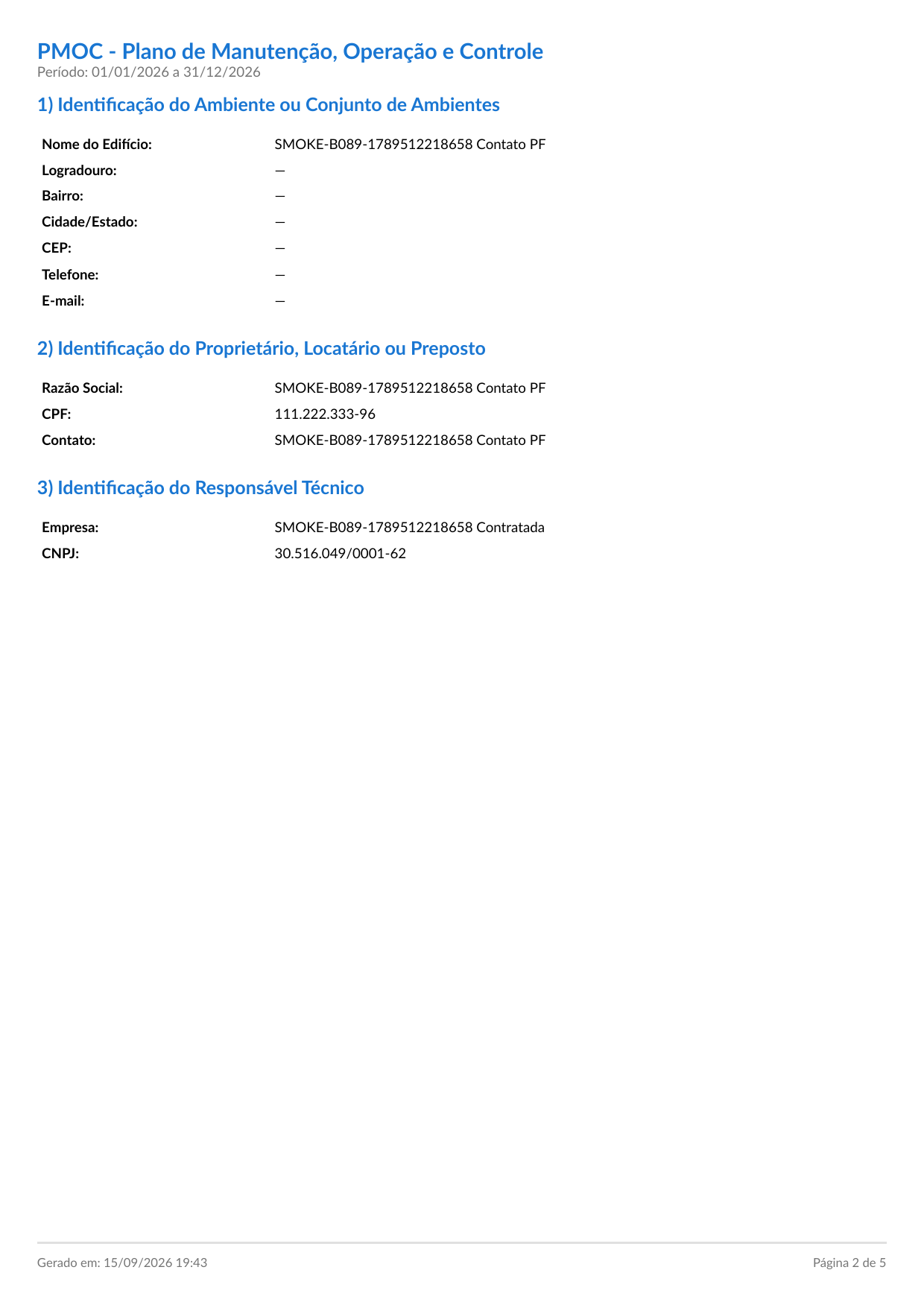 Página do PDF com a seção 2) Identificação do Proprietário, Locatário ou Preposto mostrando o rótulo CPF com o número formatado, e a seção 3) Identificação do Responsável Técnico mostrando CNPJ da contratada