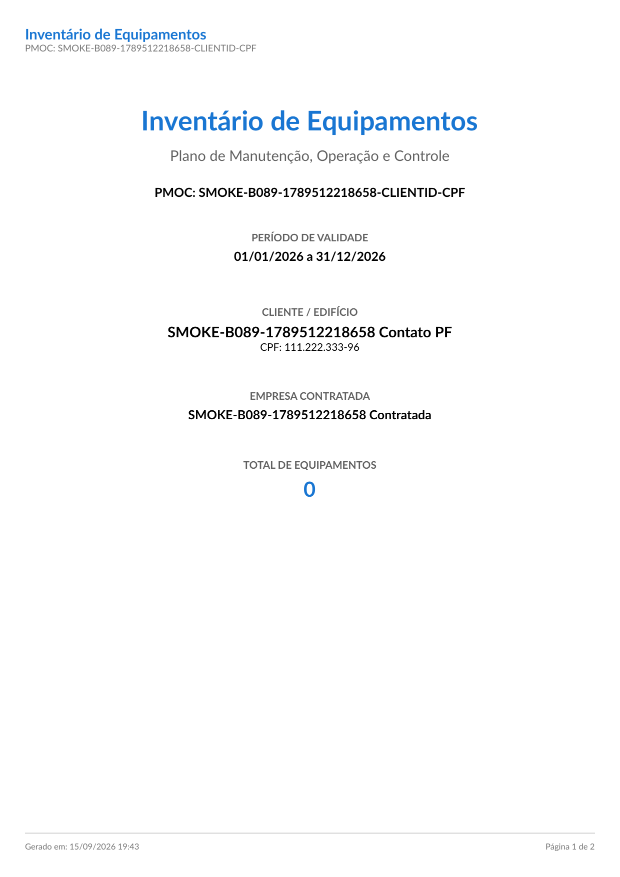 Capa do PDF de Inventário de Equipamentos com o bloco CLIENTE / EDIFÍCIO mostrando o rótulo CPF com o número formatado, igual ao PDF do PMOC