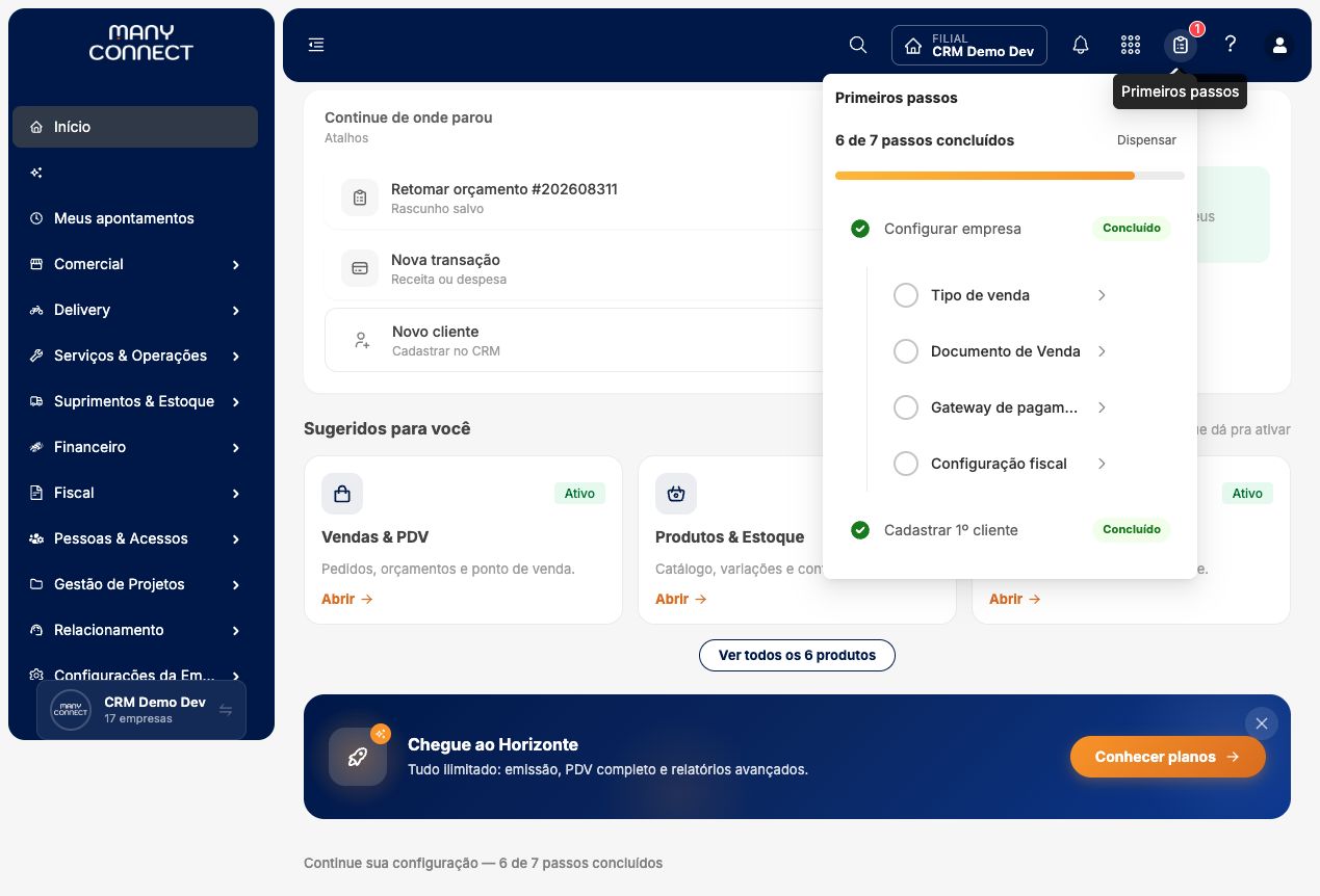 Checklist Primeiros passos do Many Connect com o cadastro do primeiro cliente concluído