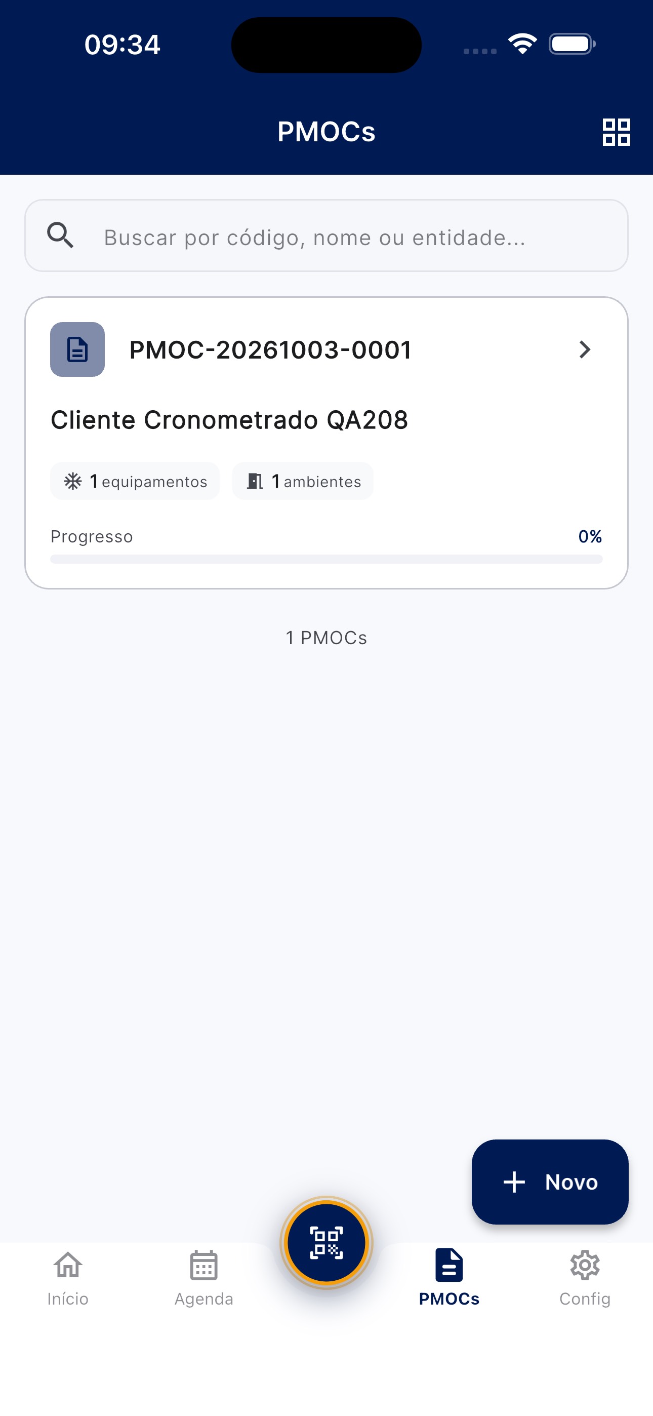 Tela Meus PMOCs do app com o cadastro inicial concluído e os contadores de equipamento e ambiente