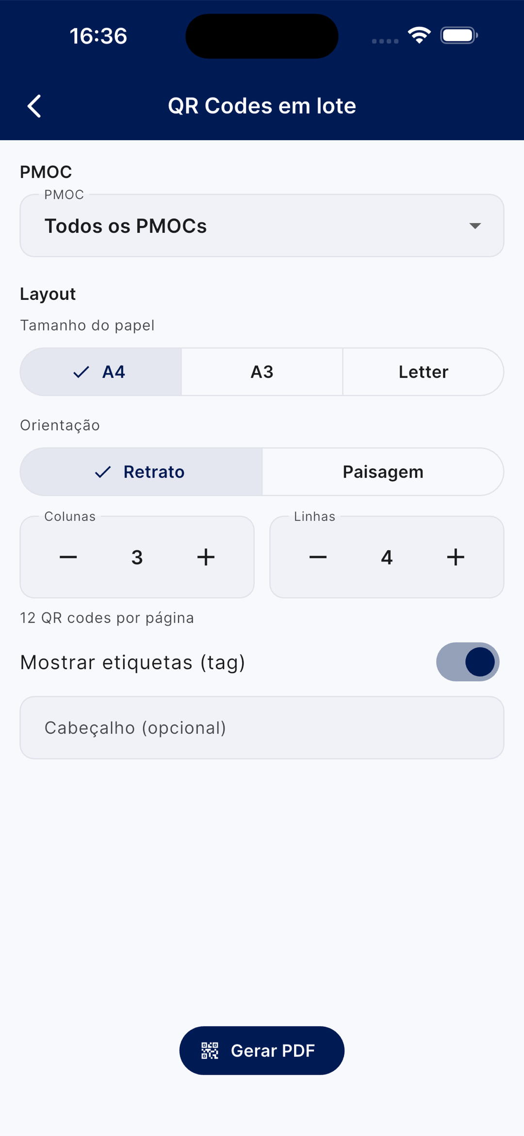 Tela de QR Codes em lote com opções de PMOC, tamanho de papel, orientação, grade de colunas e linhas, etiquetas e cabeçalho, e o botão Gerar PDF