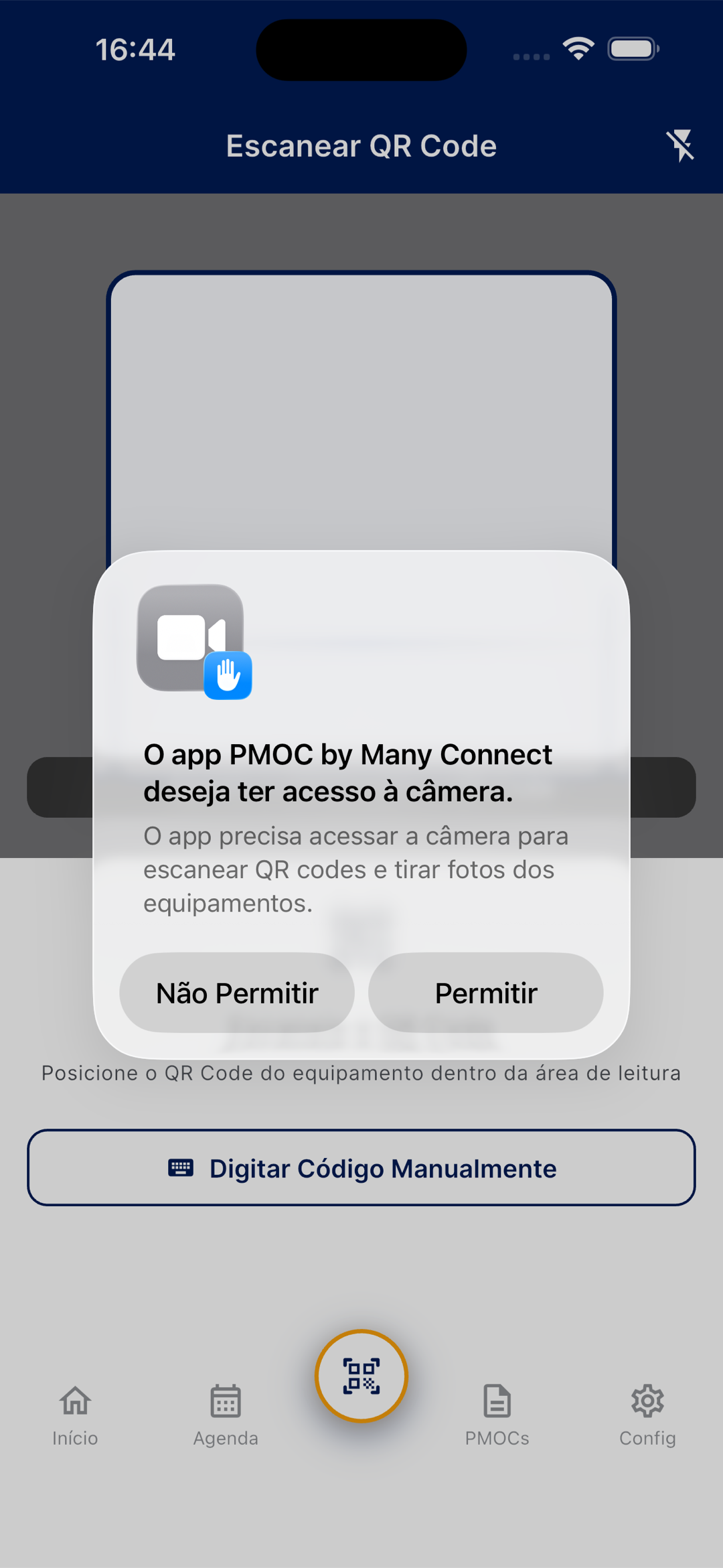 Tela do scanner do app com a opção Escanear QR Code, pedido de permissão de câmera e a opção Digitar Código Manualmente