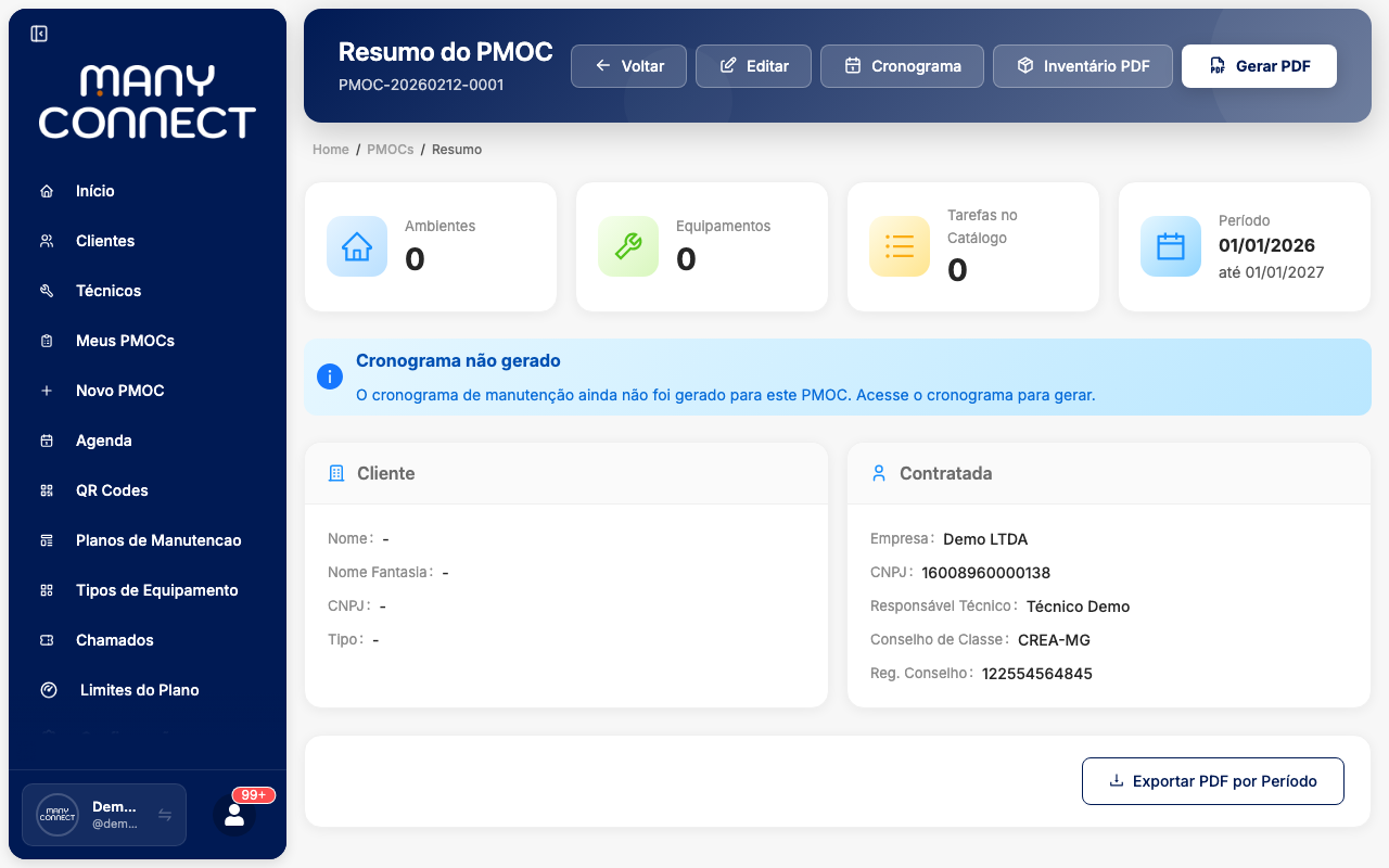 Painel de resumo do PMOC com seções de informações gerais, equipamentos vinculados, visitas realizadas e indicadores de conformidade